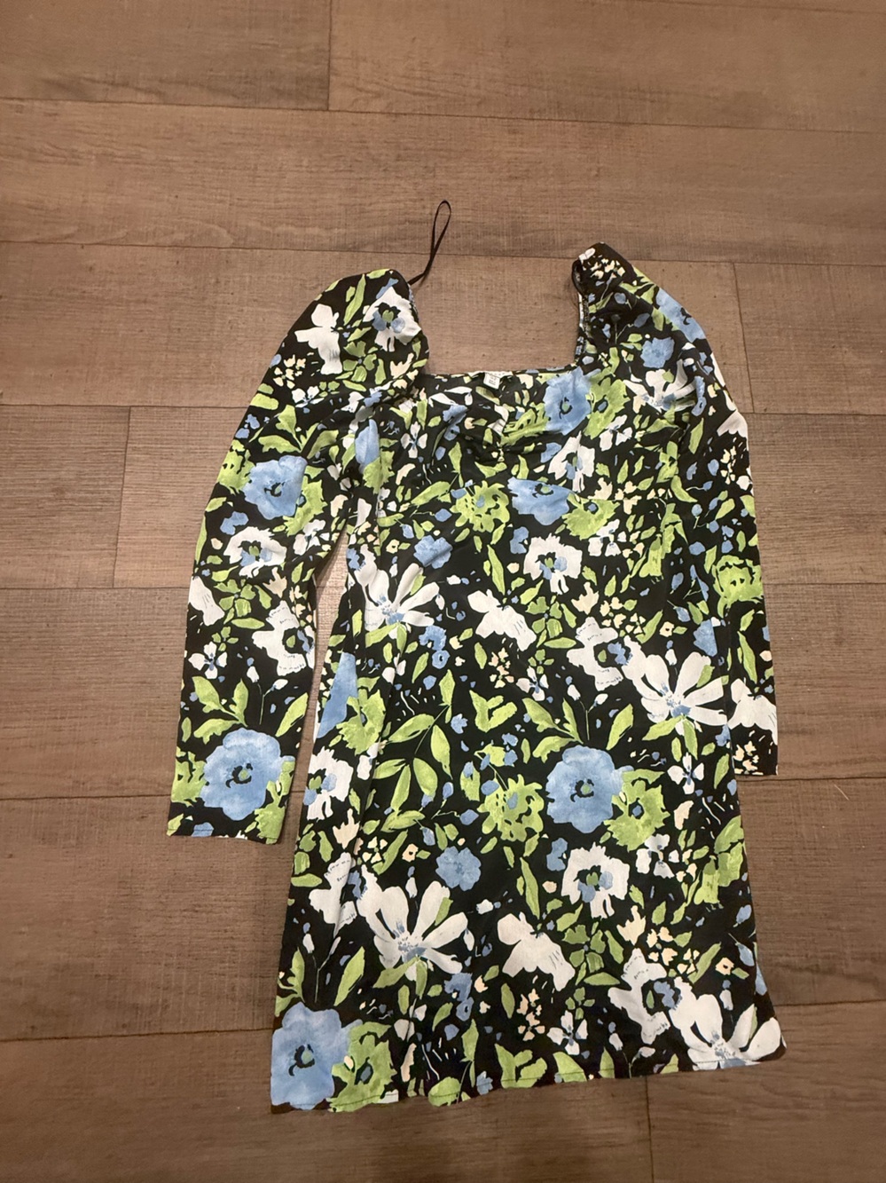 Topshop Black Floral Off-Shoulder Tunic with Blue & Green Blooms